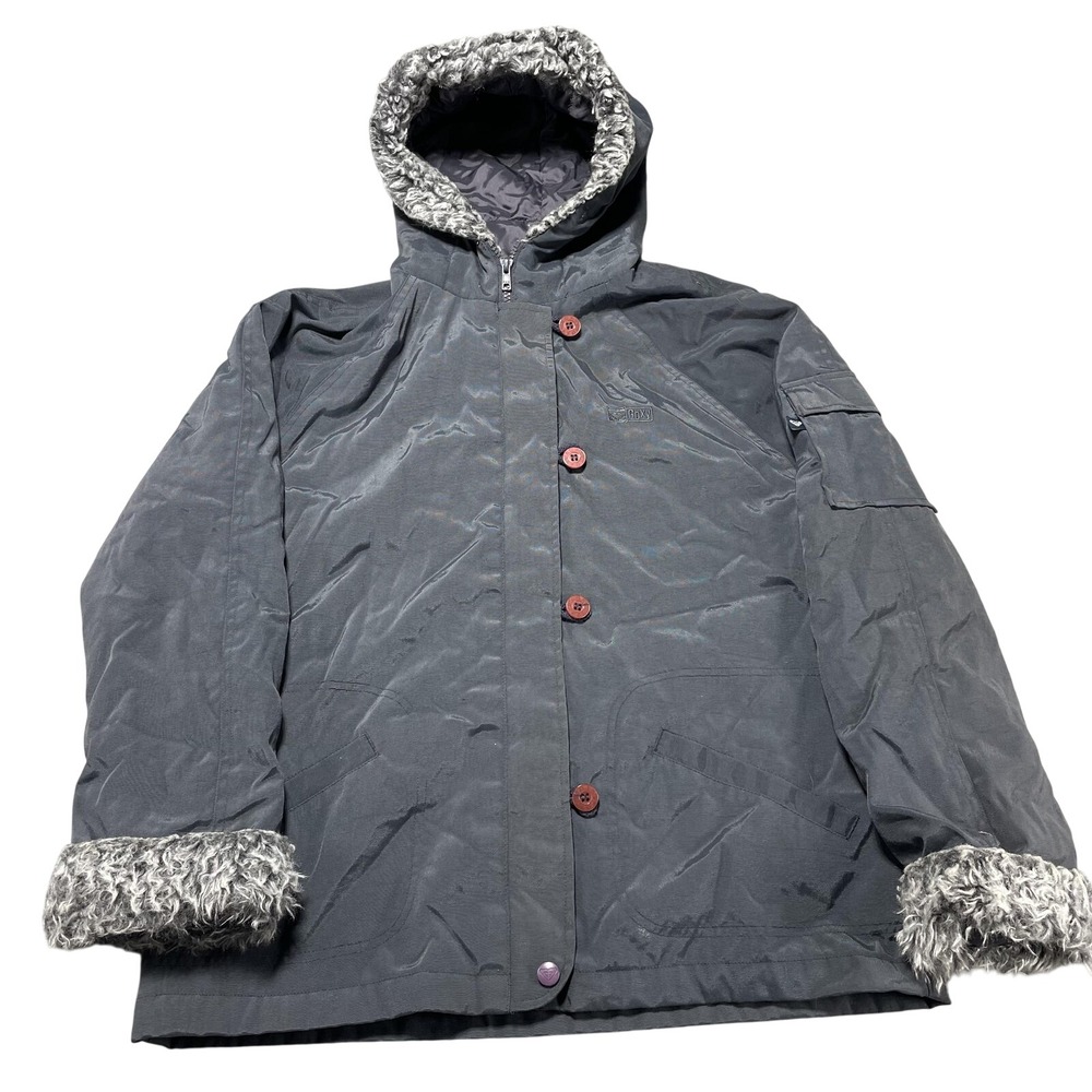 Roxy Jacket‎ Womens Medium Gray Hooded Faux Fur Trim Quilted Nylon Winter Coat
